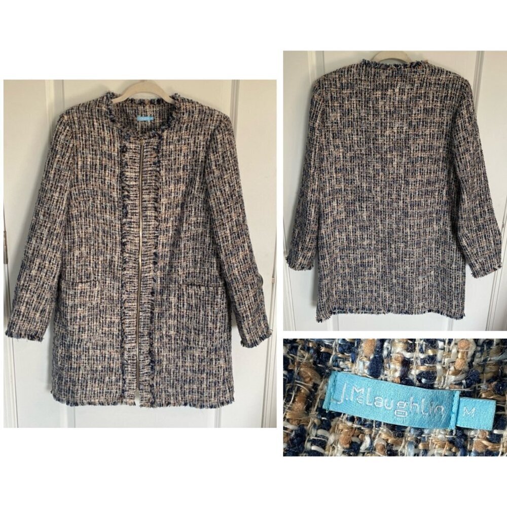 J. McLaughlin Navy Tweed Frayed Zip Up Long Sleeve Lined Jacket Coat NBNN